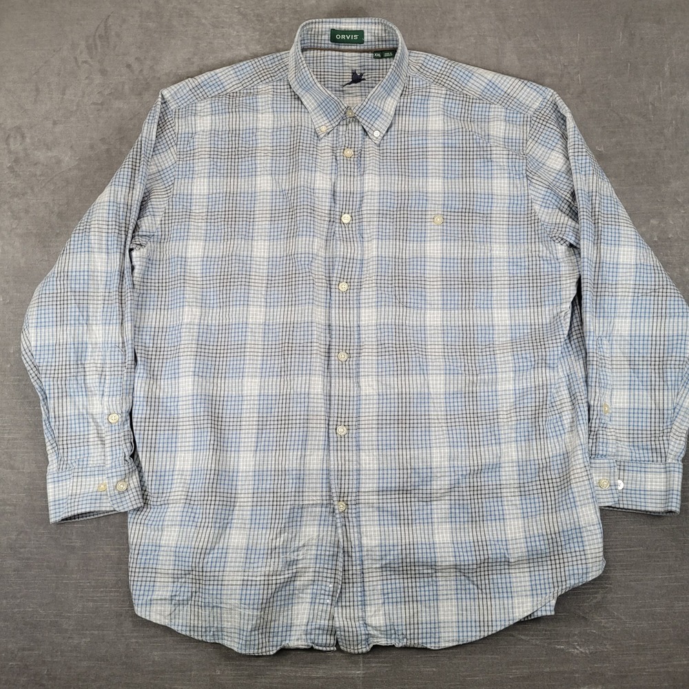 Orvis Mens XXL Blue Plaid Long Sleeve Button Down Shirt Pheasant Logo